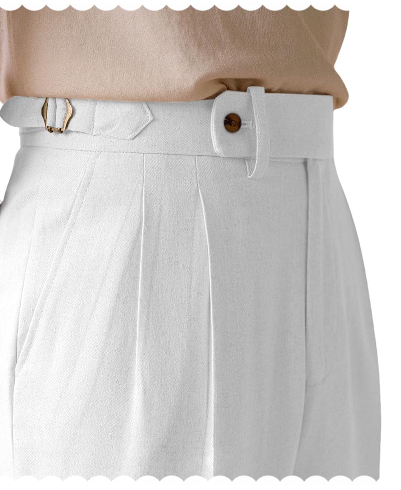 Men's Cotton Gurkha Pleated Bussiness Pants Slim Fit Dress Pants Button Zipper Suit Pants