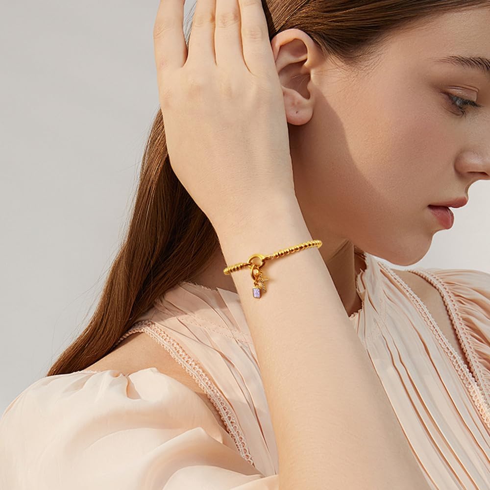 Free bird Cross Birthstone Bracelet | Dainty 14K Gold Plated Cross Charm Bracelet for Women | Stretchable Elastic Gold Beaded Bracelet | Stackable Trendy Birthstone Bracelet | Jewelry Gifts for Women - Image 3