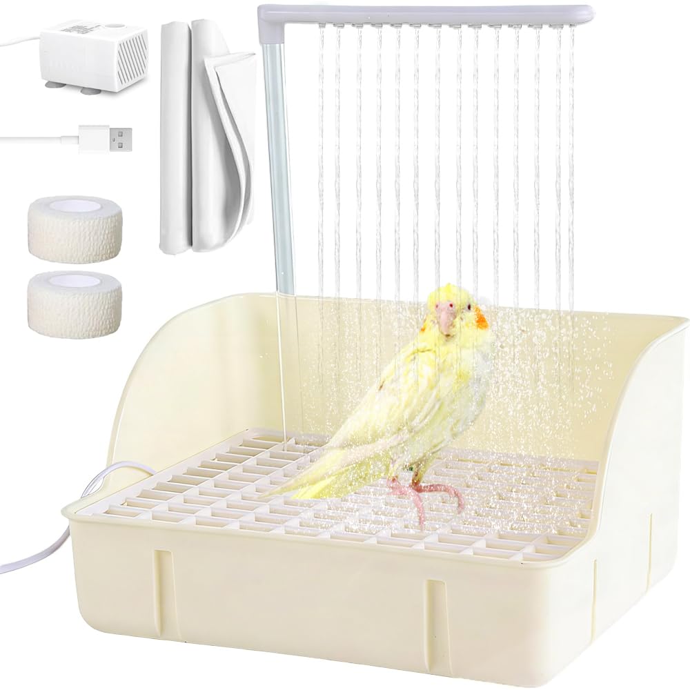 SKIKHN Budgie Bath, Bird Bath Tub, Automatic Bird Shower with Circulating Faucet, USB Electric Parrot Shower Bath, for Parakeet, Cockatiel, Parrot & Small Medium Birds