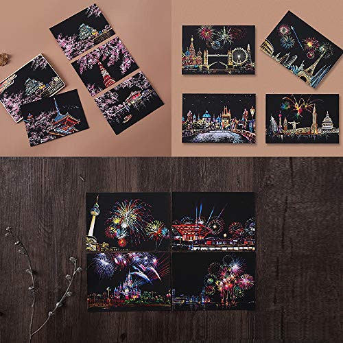 Magic Scratch Art Paper, Mini Envelope Postcard, Rainbow Night View Scratchboard For Adults And Teens, Art & Crafts Set: 12 Sheets Scratch Cards & Drawing Pen, Clean Brush (Fireworks/Cherry Blossom) #TOP2