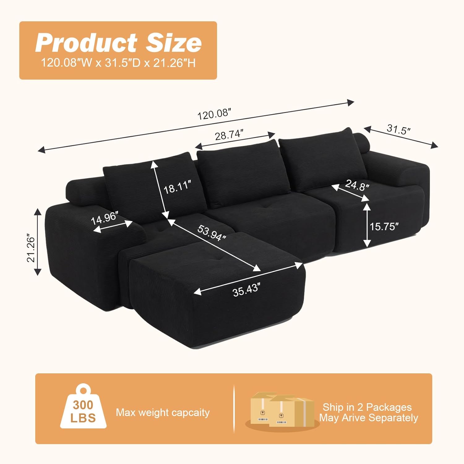L-Shaped Sectional Sofa Bed with Memory Foam, No-Assembly Convertible Loveseat Couch, Corduroy Fabric Modular Sofa with Steel Frame for Living Room, Apartment, Bedroom, Small Spaces (Black)