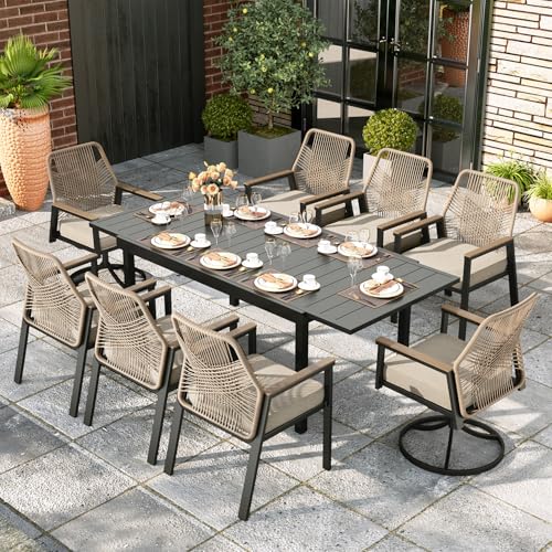 Image of Patio Dining Set, Extendable Metal Table, 8 Rattan Chairs, Beige | 84 inch outdoor rectangular table, 2 cushioned swivel chairs. Waterproof, rust-resistant, all-weather for yard, porch