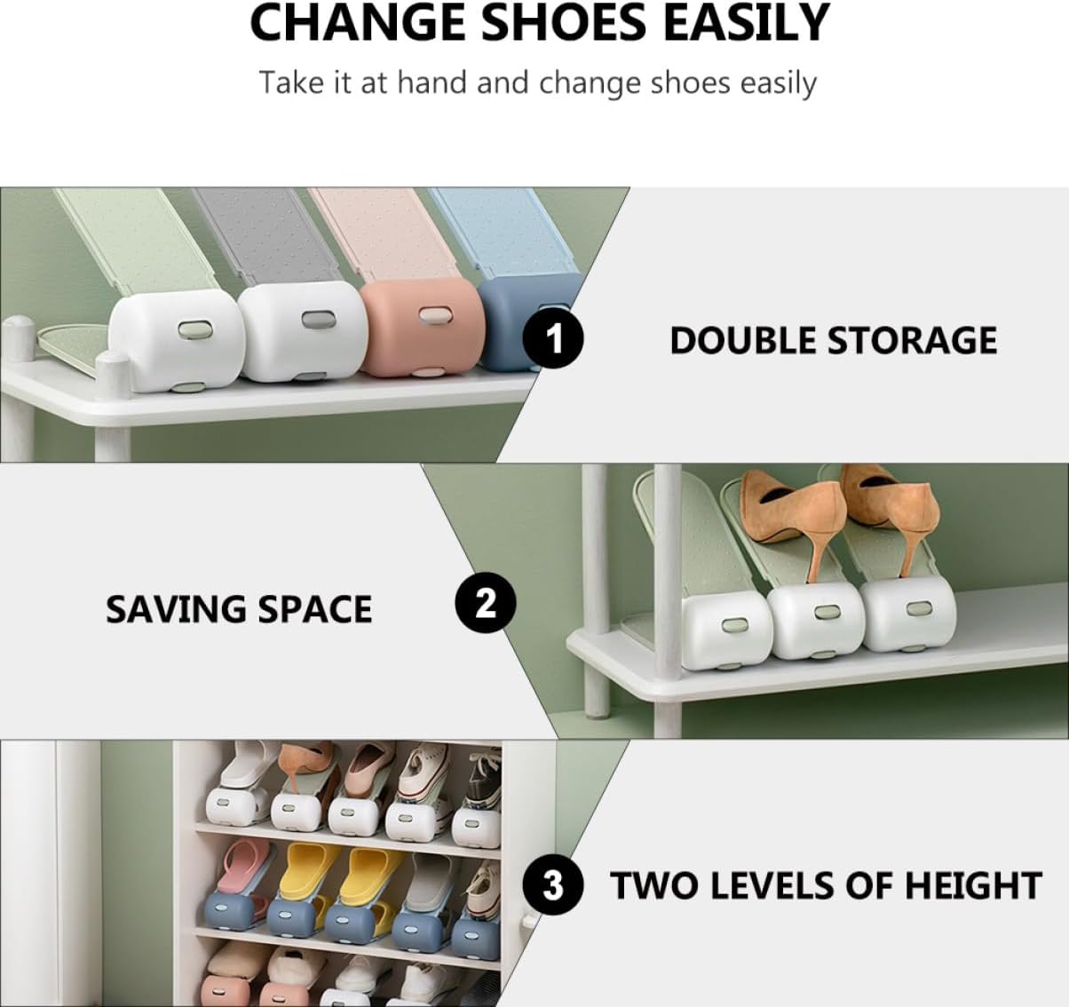 PRETYZOOM 4pcs Double Layer Adjustable Shoes Slots Rack Space-saving Storage Holder for Closet Organization Fresh Colors Set Blue Pink Green Grey for Home Hotels and Shoe Shops