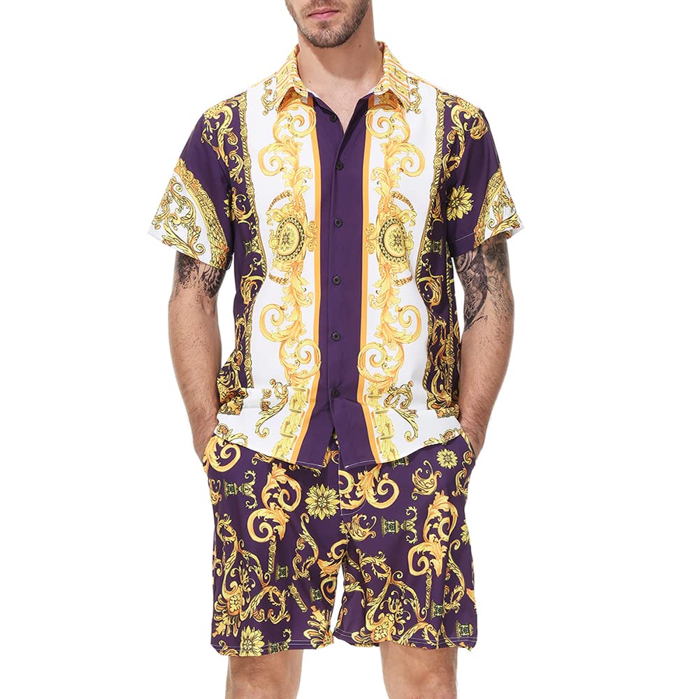 Men's Luxury Print Hawaiian Shirt and Short 2 Piece Vacation Outfits Sets Casual Button Down Beach Floral Suits