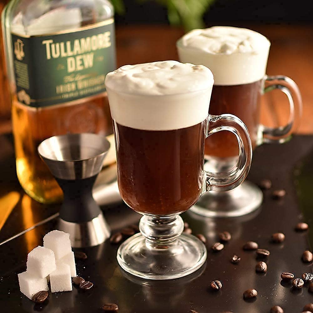 KriVat Irish Glass Coffee Mugs, 300ML Set of 2 Irish Latte Cups Milkshake Falooda & Juice Glass Cappuccino and Hot Chocolate Mugs with Handle, Clear Glass Mugs for Hot Beverages 1