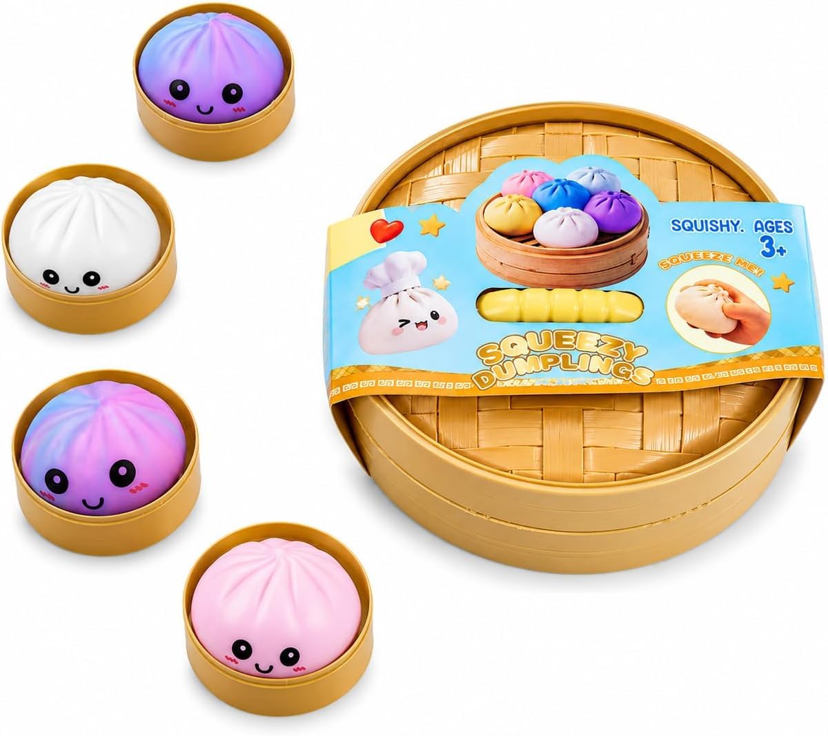 Dumpling Squishy Toy, 4 PCS Dumplings Stress Relief Sensory Fidget Toy, Squishy Dumpling Toy with Steamer, Stress & Anxiety Relief Sensory Toy for Adults Boys and Girls