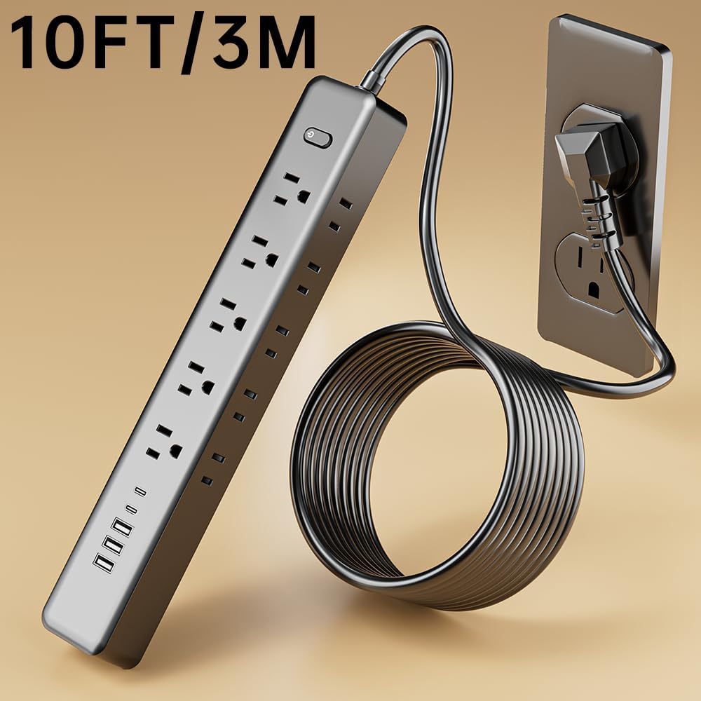 Surge Protector Power Strip - 10 Outlets 3 USB (2 USB C) Charging Ports, Multi Plug Outlet Extender, 10Ft Extension Cord, Flat Plug Wall Mount Desk Charging Station for Home Office (Black-10FT)