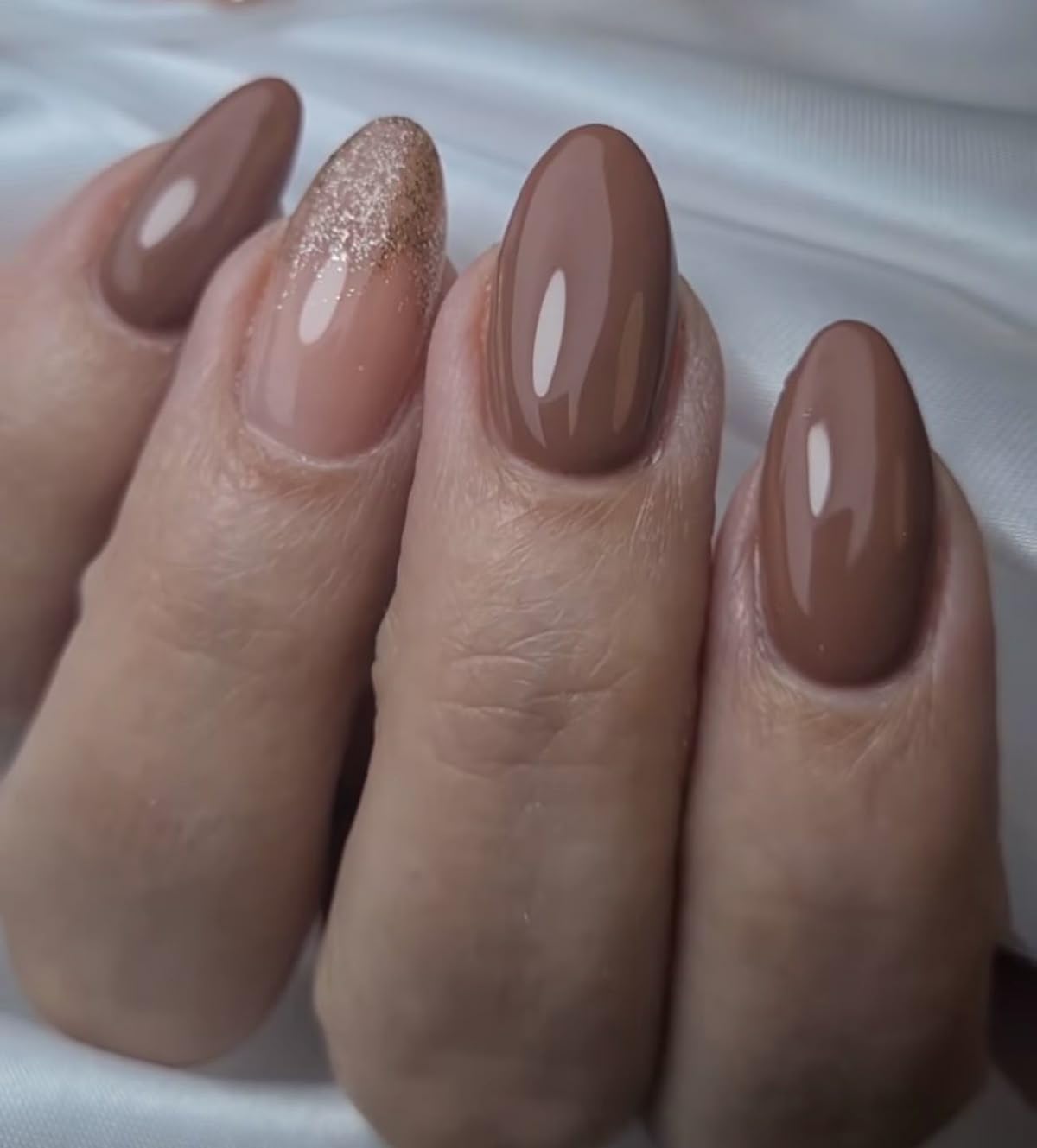 Set Of 14Pc, Press-on, Short Almond Light Brown, Glossy and Gold Glitter Finish, Nail Extensions With Free Glue Kit-image-43