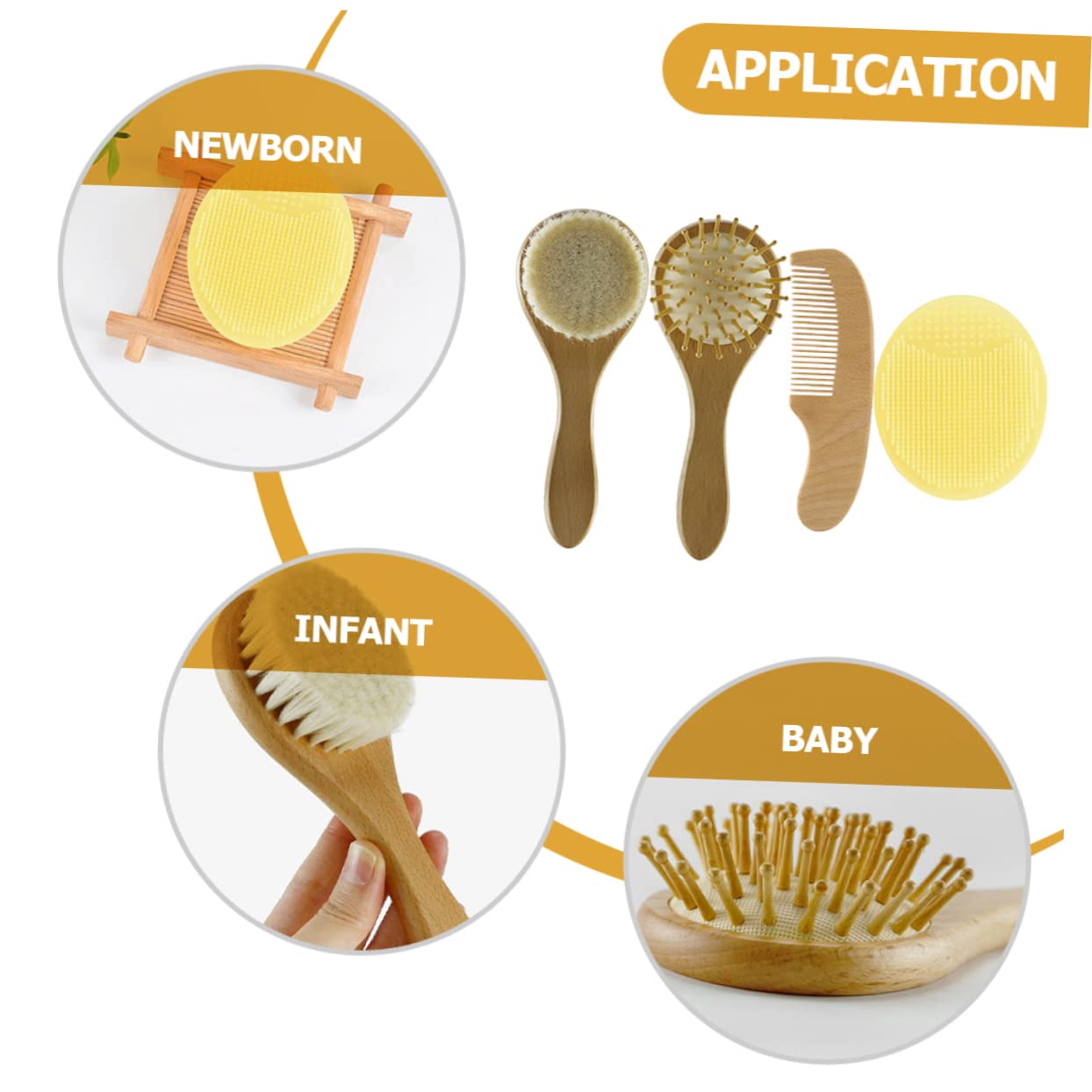 DECHOUS 4pc Baby Hair Brush Set Wool Brush Wooden Comb Silicone Scrubber for Newborn Baby