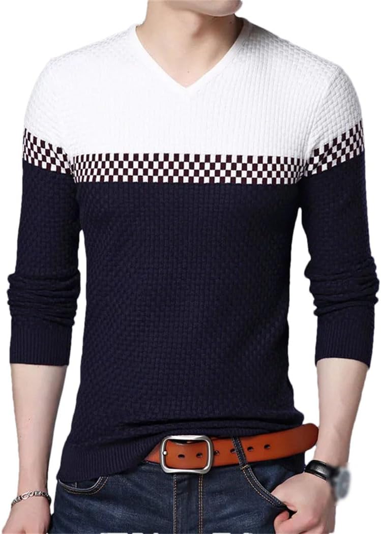 Men's Autumn Winter Warm Wool Sweaters Casual Hit Color V-Neck Pullover Male Slim Fit Cotton Sweater