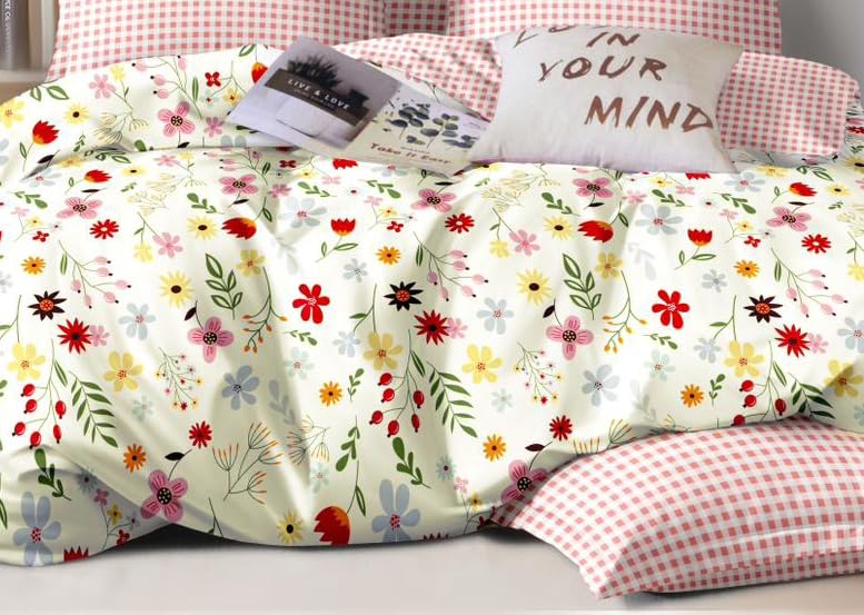 Image of DECOMIZER Super Soft Glace Cotton King Size AC Comforter /Blanket /Duvet for Double Bed with 1 Flat Bedsheet and 2 Large Pillow Covers - 4 Piece Comforter Set - Red Pink Flower-300 TC