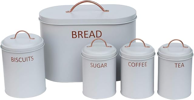 5PC Round Kitchen Storage Set: Bread Bin, Biscuit Tin and Tea, Coffee & Sugar Canister Set - Light Matt Grey - Vintage Classic Inspired Metal Storage Set.