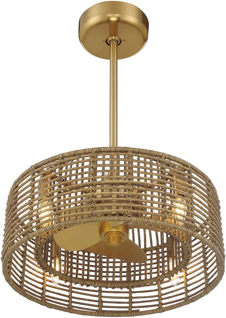 Savoy House Ferndale 20 in. W 4-Light Warm Brass Indoor/Outdoor Ceiling Fan D'Lier with Rattan Shade and Remote and Bulbs Included 20-FD-155-322