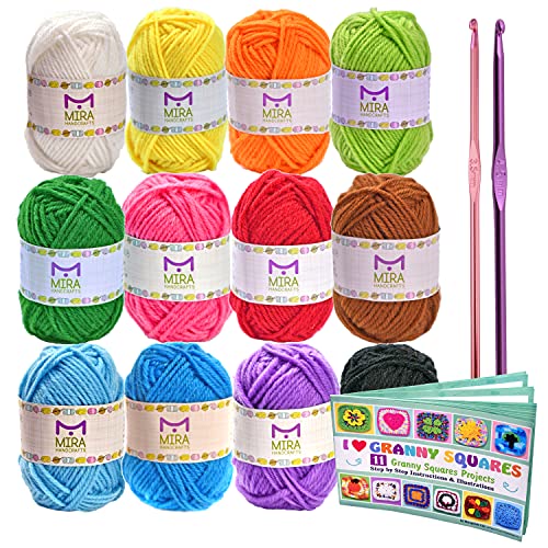 Mira Handcrafts 12 Acrylic Yarn Skeins, 2 Crochet Hooks And Real Project Book - Total 516 Yards Crafts Worsted Yarn – Ideal Starter Kit And Excellent For Mini Projects And Granny Squares #TOP23
