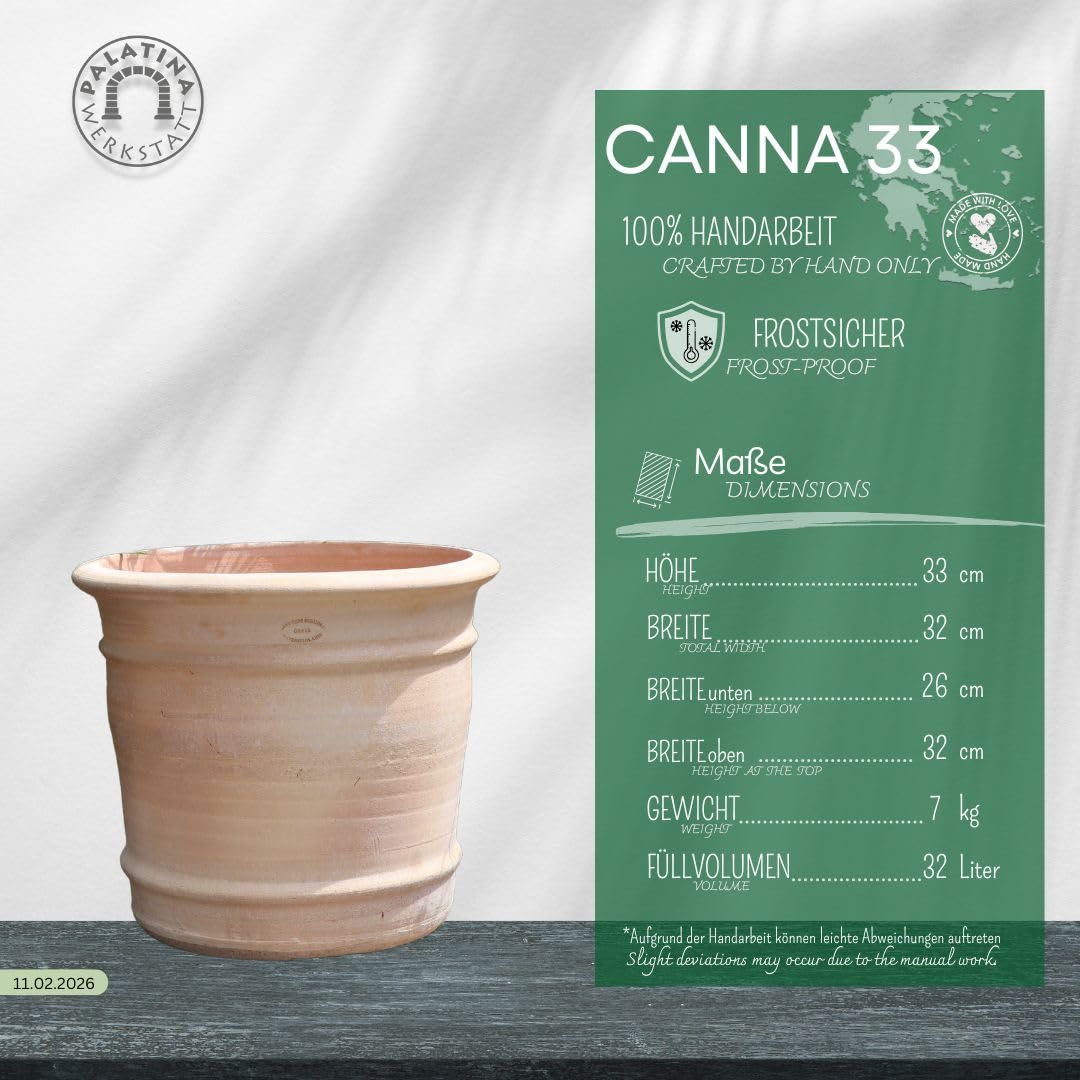 Palatina Werkstatt Vaso da fiori Canna in terracotta, 35 cm, realizzato a mano, per balcone, ingresso e piccole terrazze, vaso in terracotta resistente al gelo, 32 litri