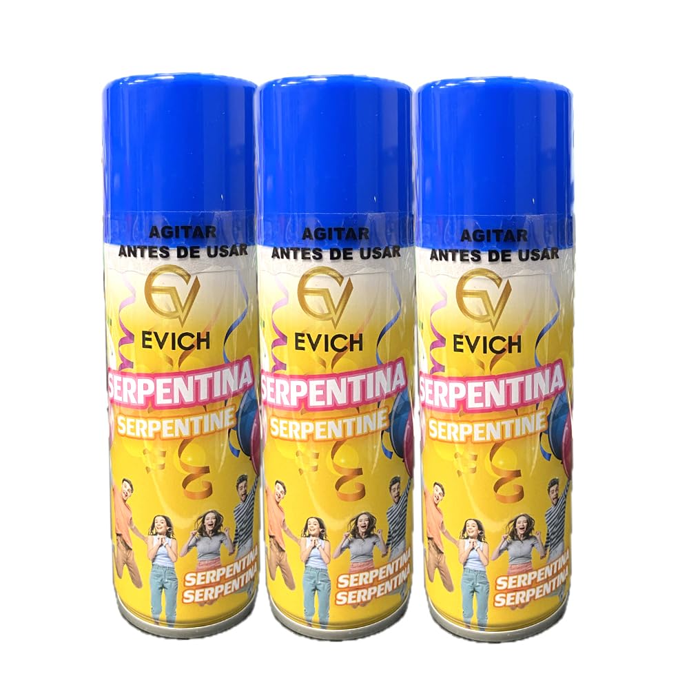 PLUS HOME Spray colores lanza serpentina hilo color,Aerosol con hilo serpentino,pulverización Biodegradable para Celebración de fiesta de boda.Azul Pack de 3 botellas