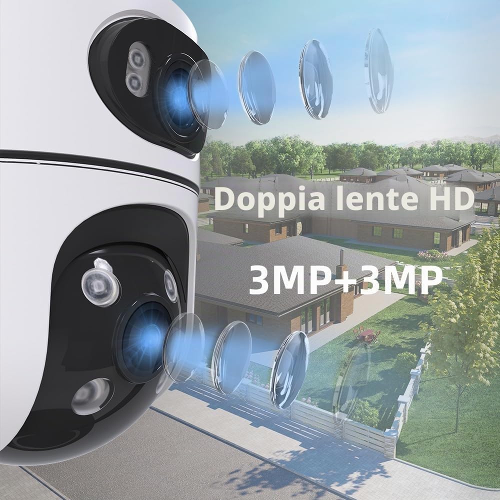 Telecamera Wi-Fi Esterno Doppio Obbiettivo, Telecamera WiFi da Esterno PTZ Videocamera Sorveglianza con Scheda TF 64 GB Rilevamento Umano Visione Notturna a Colori Tracciamento Movimento con Sirena