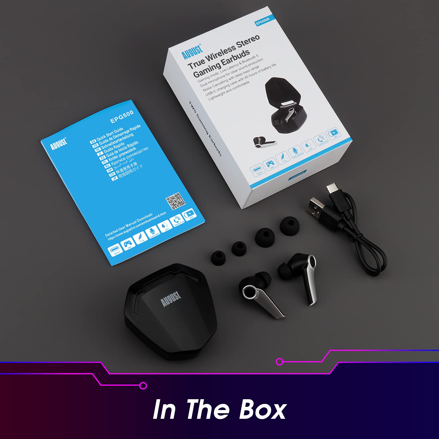 August EPG500B Słuchawki douszne do gier Bluetooth 5.0 True Wireless - podwójny mikrofon, niskie opóźnienie, etui do ładowania USB-C, wodoodporność IPX4, dotykowe, 40 godzin pracy baterii