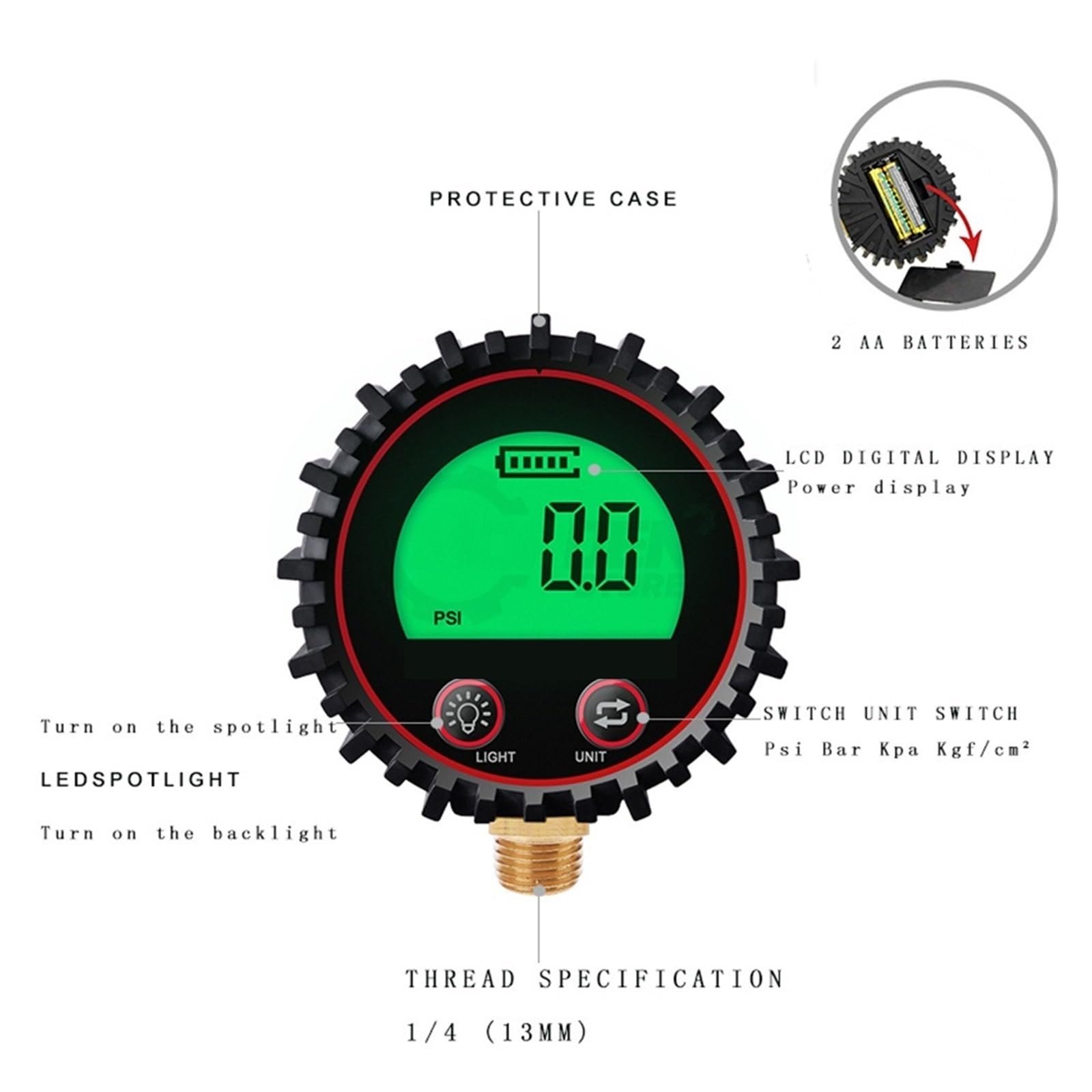 Manometro Digitale Alta Pressione 0-220 Psi - Risoluzione 0.1 Psi, Con Gomma Protettiva, Per Auto E Moto - Foto 6
