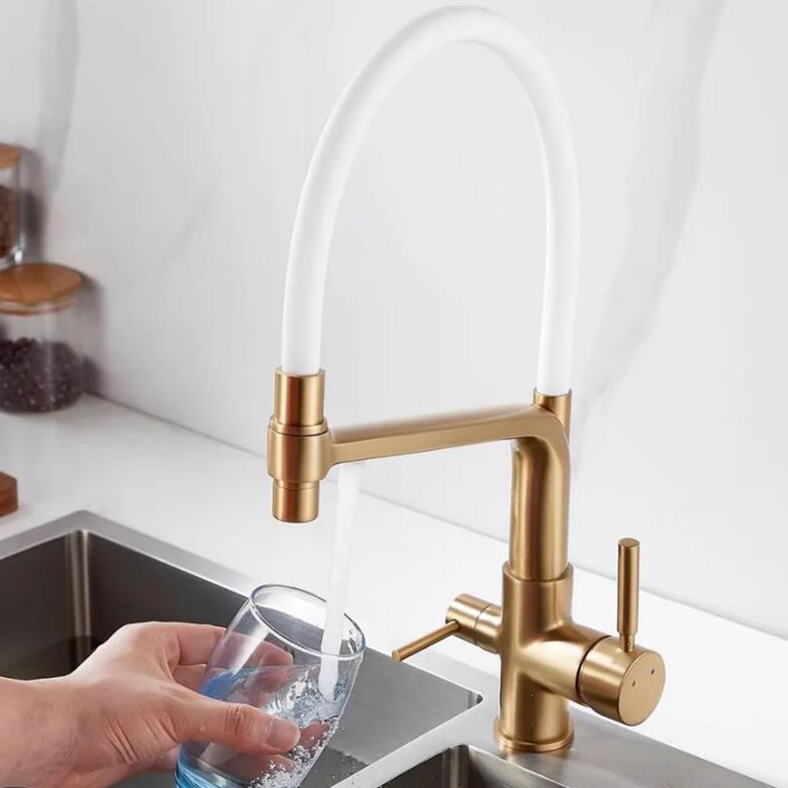 Grifo Cocina 3 Vias Osmosis Latón Giro 3 en 1 Grifo de Fregadero de Cocina-Oro Cepillado + Blanco