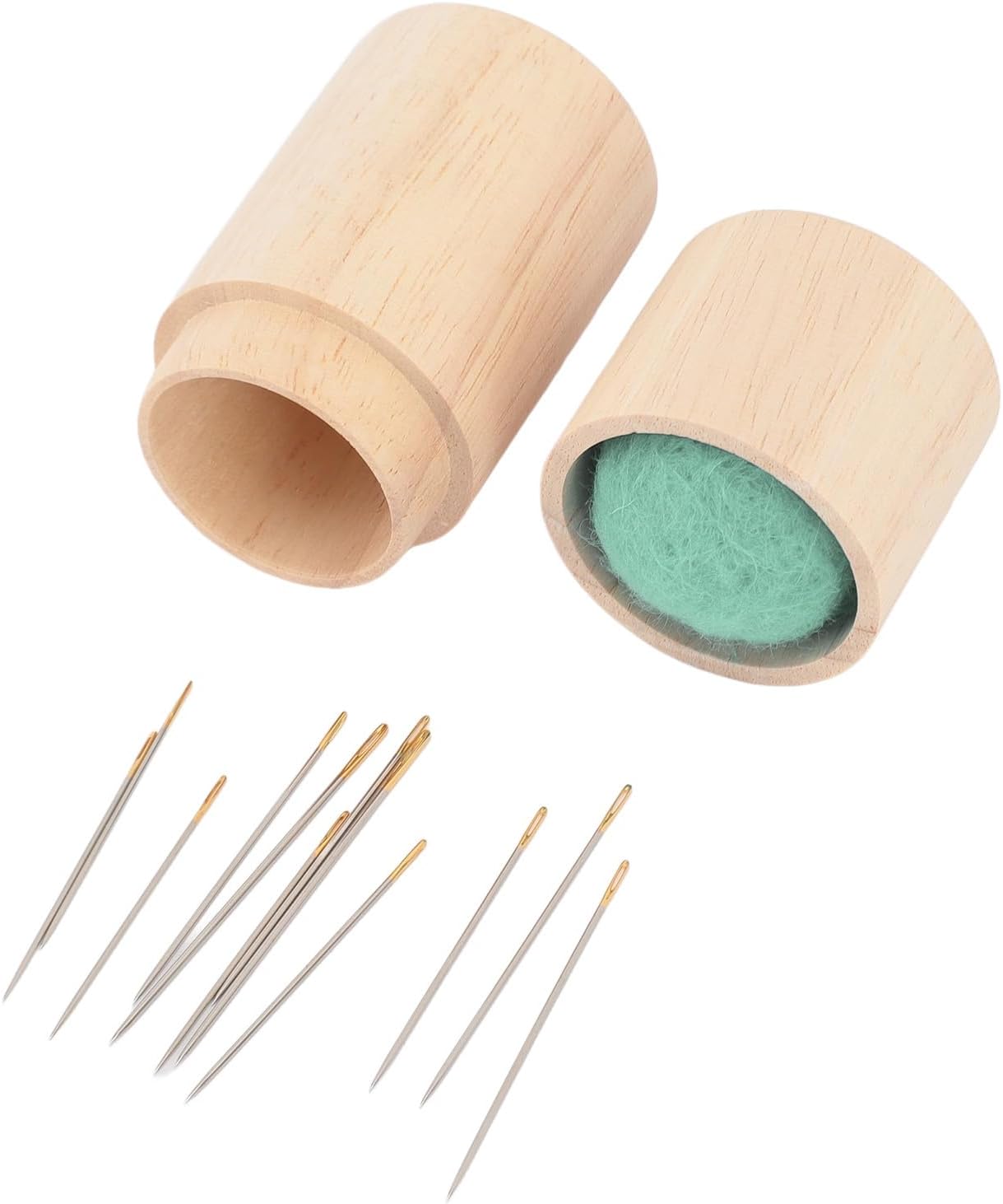 Circular Wooden Needle Storage Box Large Capacity Sewing Pin Cushion with Embroidery Needles, Compact and Secure Needle Tube for Home and Travel (Mint Green)