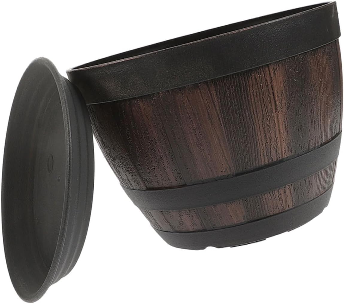 Milisten Retro Faux Wooden Flower Planter Barrel with Drainage Holes and Tray, Thickened Vintage Plastic Garden Pot for Balcony and Outdoor Use, Model 300