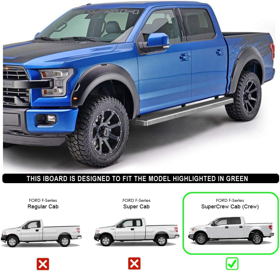 HD Ridez Stainless Steel Board 5in Polished Compatible with Ford F150 2015-2026 SuperCrew Cab & F150 Lightning 2022-2026 & F-250 F-350 Super Duty 2017-2026 Crew Cab (Nerf Bar Side Steps Side Bars)