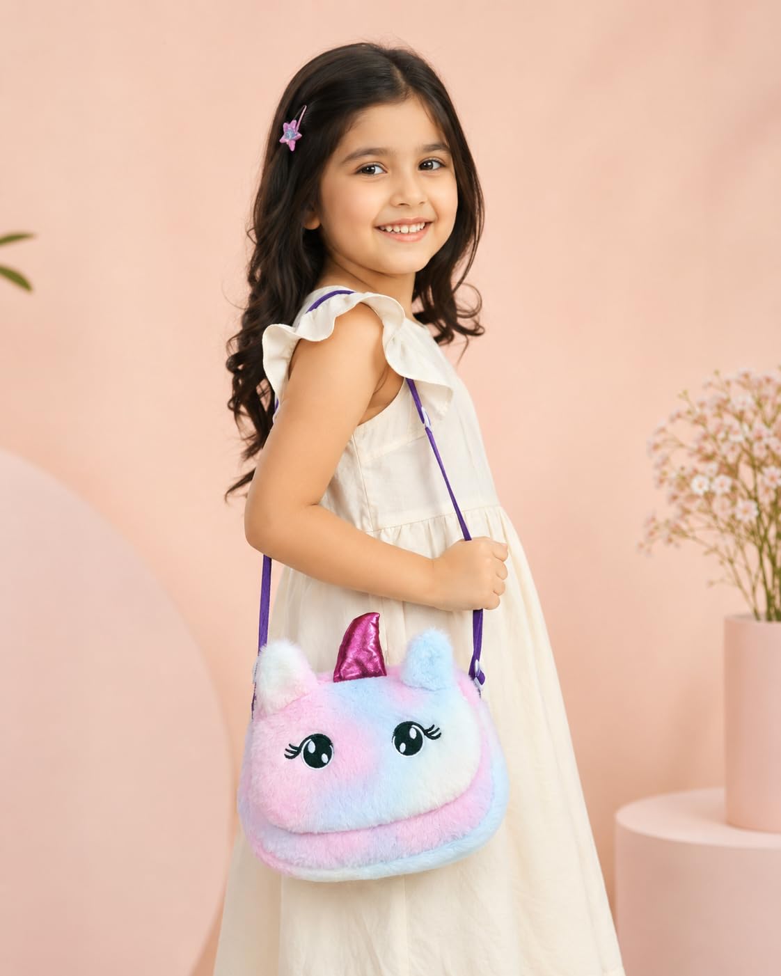 Sanjis Enterprise Kids cartoon Fur Sling Bag for Girls | Soft Plush Crossbody Bag | Cute Mini Shoulder Purse with Adjustable Strap | Lightweight Casual Travel Sling Bag for Baby Girls Pink 1