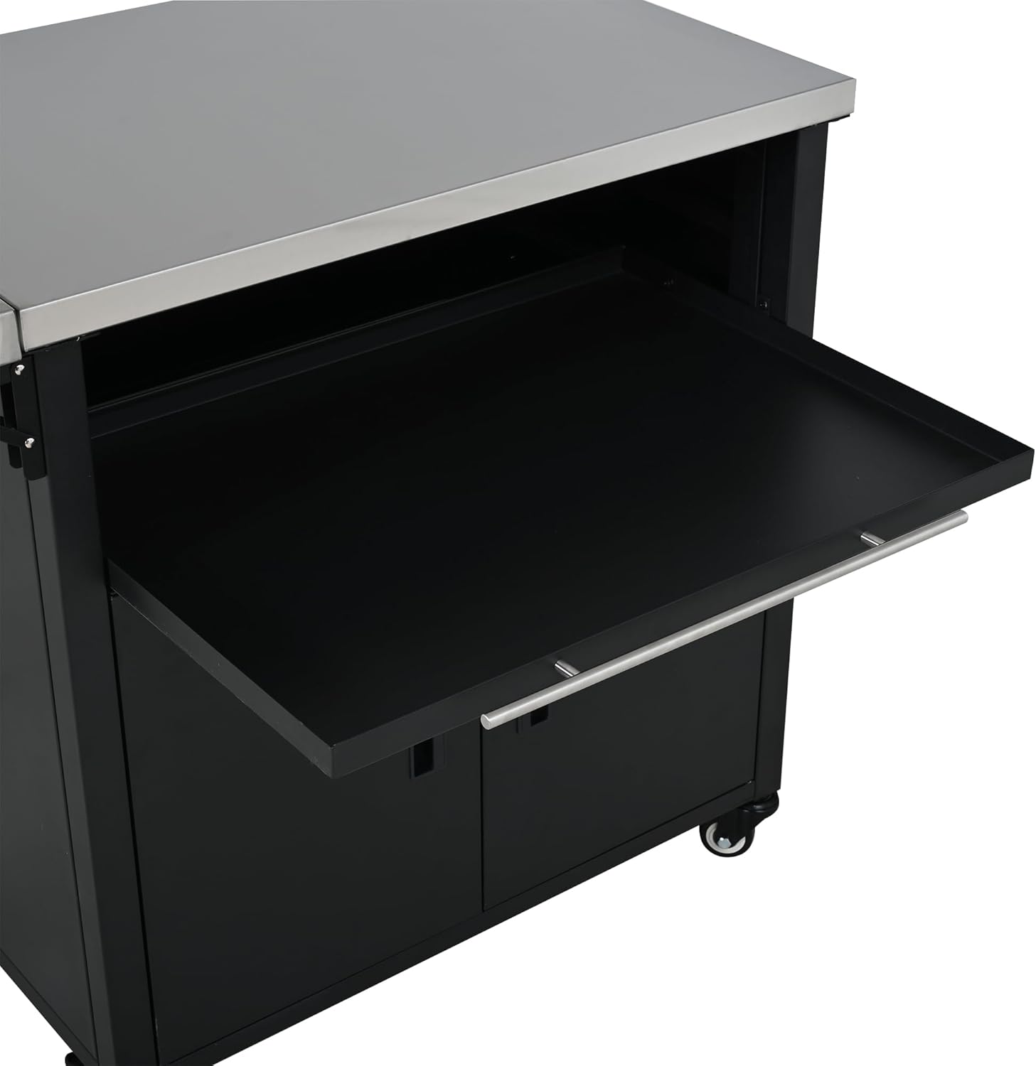 Merax Foldable Outdoor Kitchen Island & BBQ Prep Cart with Stainless Steel Top &Trash Rack & Lockable Wheels & Storage Cabinets – Portable Patio Dining Station for Grilling & Backyard & Camping, Black