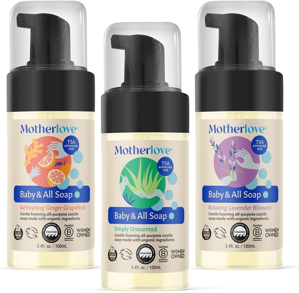 Baby & All Soap (Variety Pack, 3.4oz) Travel Size Gentle Foaming All-Purpose Castile Soap Made with Organic Ingredients