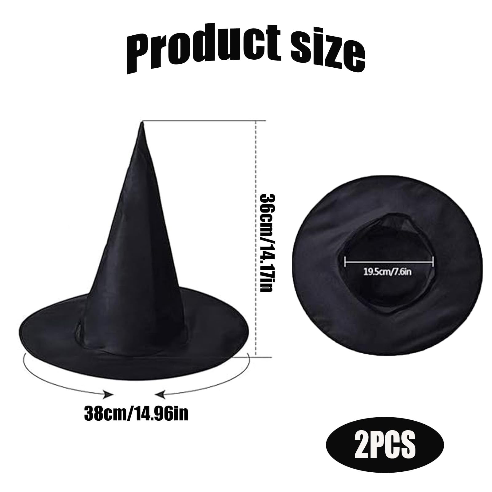 AYZDJ 2 Pack Adult Black Pointed Witch Hat, Soft Breathable Wide Brim Headwear - Image 2