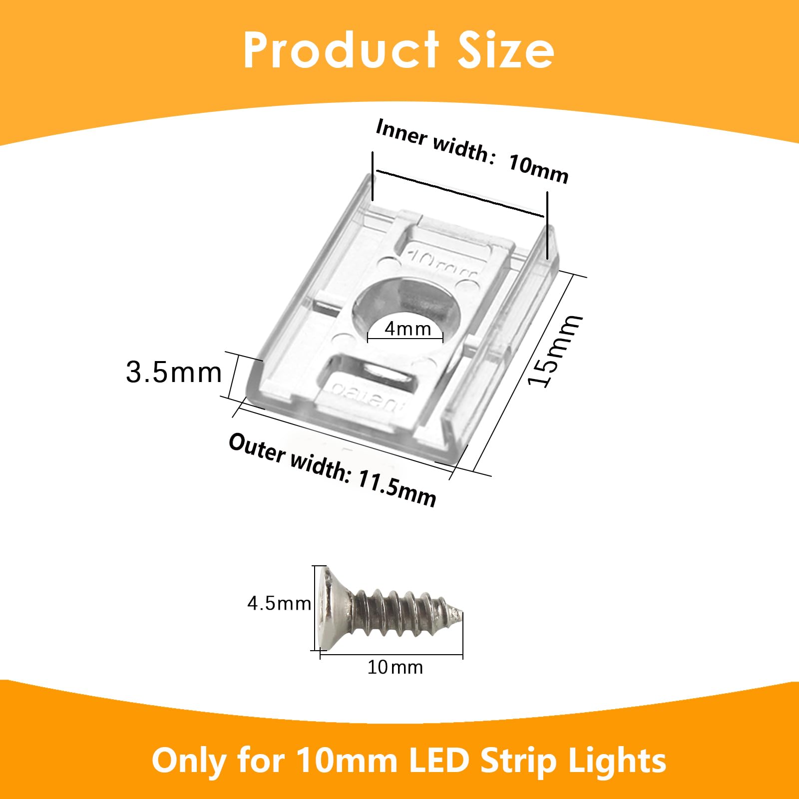 VIPMOON 100pcs Clear 10mm LED Strip Light Mounting Clips 10mm Width Holders and 100pcs Compatible Stainless Steel Phillips Screws Mounting Brackets for Waterproof or Non-Waterproof 3528 5050 5630 — Amazon image 3