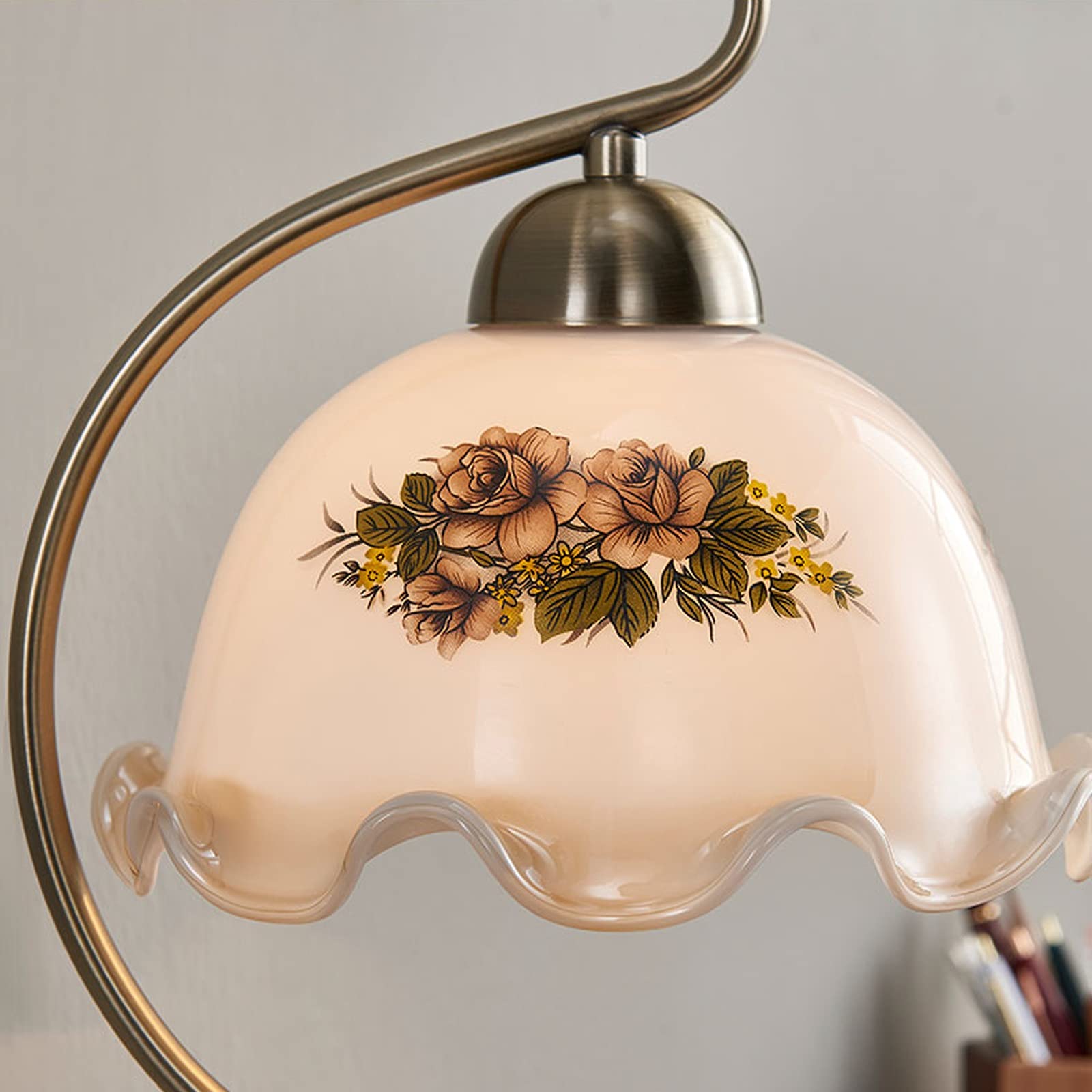 Schreibtischlampe Vintage Schlafzimmer Nachttischlampe Dimmable LED Schreibtischlampe Kreative Land Stil Studierende Schreibtischlampe mit Blumenmuster Glaslampenschirm Lesetischlampe ( Size : Remote