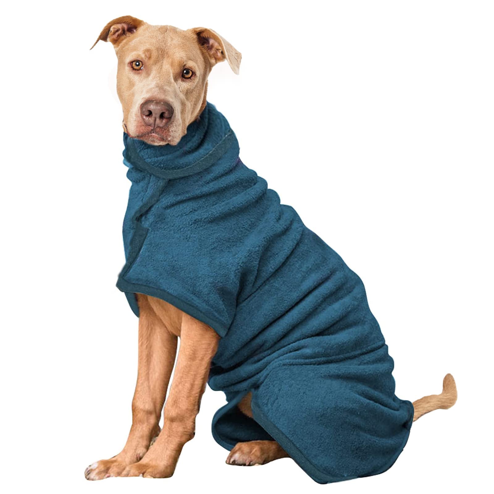 PETTOM Dog Drying Coats for Large Dogs Microfibre Double Layers Super Absorbent Dog Bathrobe Adjustable Drying Dog Towel Coat (Blue, XXL)