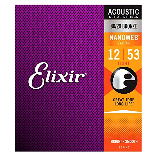 Image of Elixir Strings, Acoustic Guitar Strings, 80 /20 Bronze with NANOWEB Technology, Longest-Lasting Bright and Focused Tone For Life with Comfortable Feel, 6 String Set, Light 12-53 (Pack of 2)