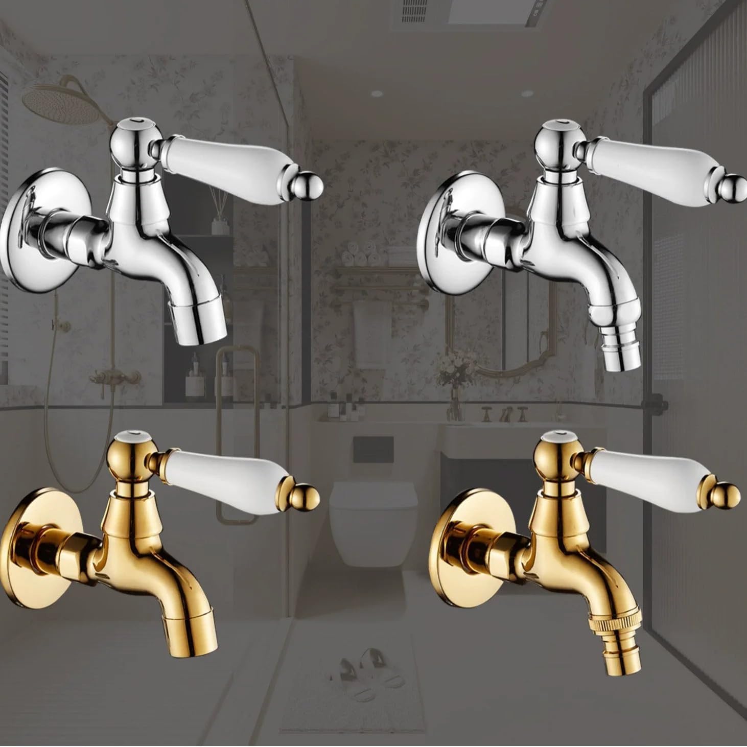 Wall Mounted Brass Washing Machine Faucet - Gold Chrome Bibcock Tap for Garden, Bathroom Mop Sink & Multi-Purpose Water Use(Gold)