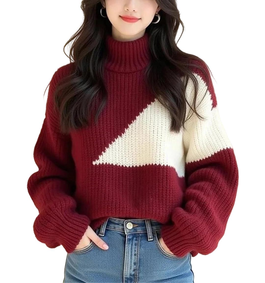 Womens Thick Thread Contrasting Irregular Long Sleeve Sweater Autumn Winter Warm Pullover