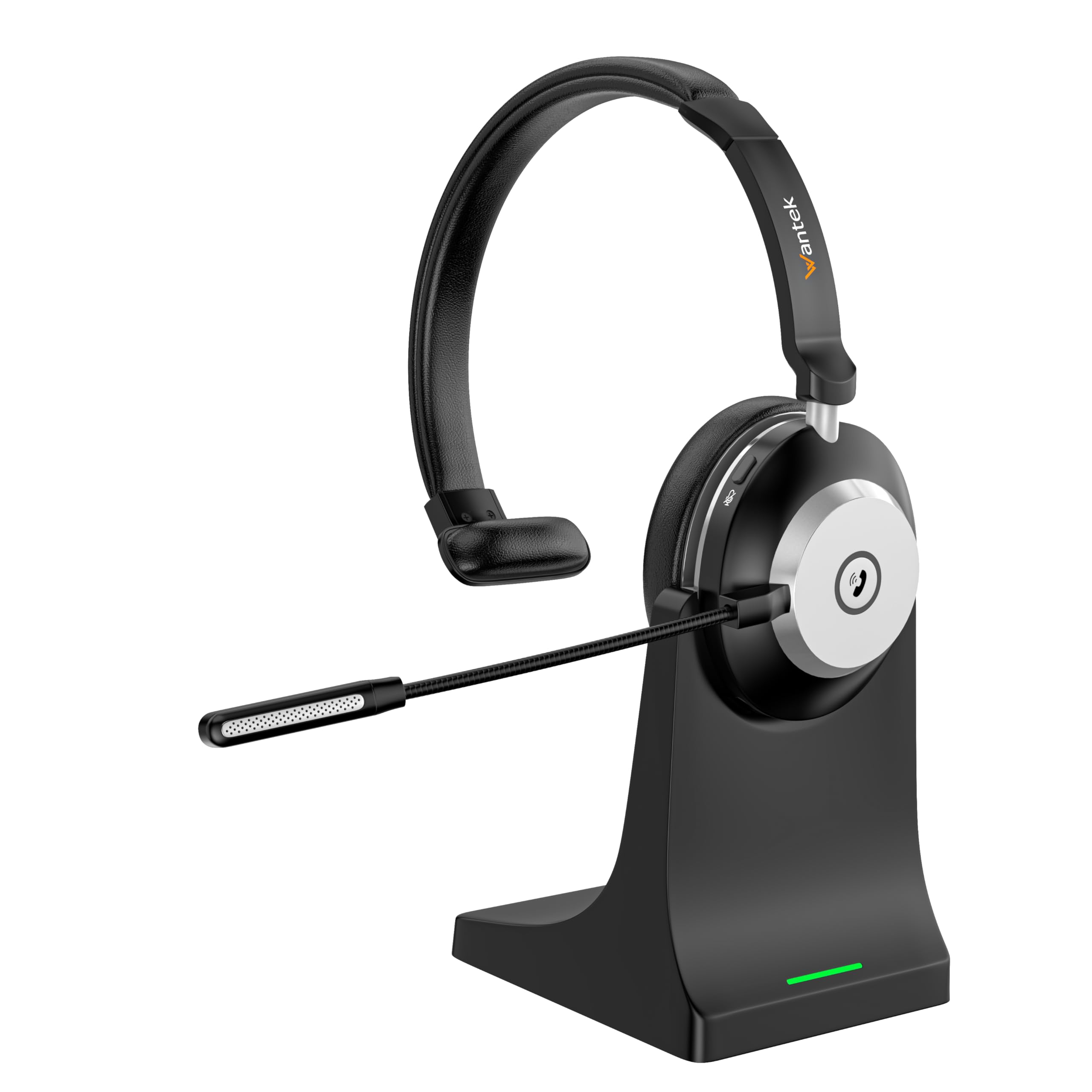wantek wireless headset with mic, bluetooth headset with microphone, on-ear wireless computer headphones with mic noise canceling, mute button, charging dock for pc, laptop, work, zoom, teams
