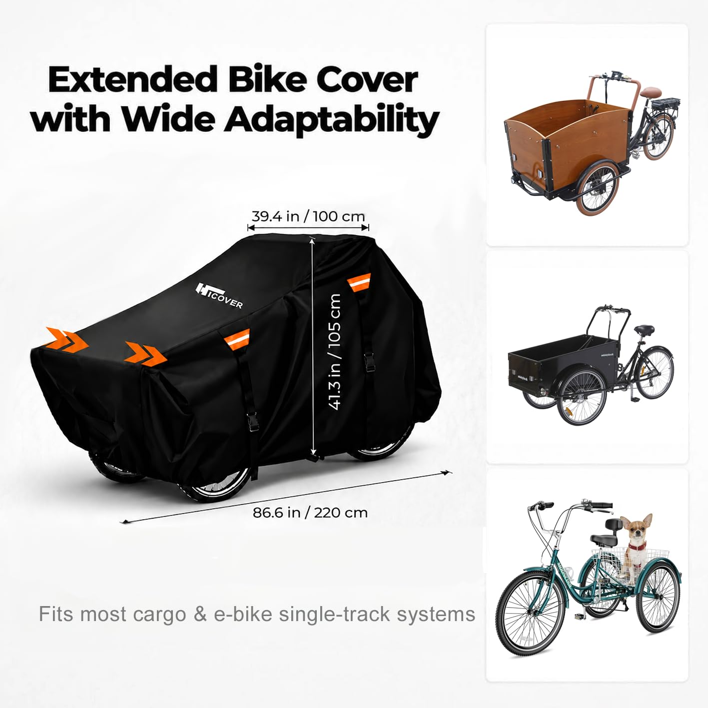 Housse de vélo cargo d'extérieur HICOVER 600D très résistante - Étanche - Protection UV - Pour tricycle adulte - Avec triangle coupe-vent et bande réfléchissante