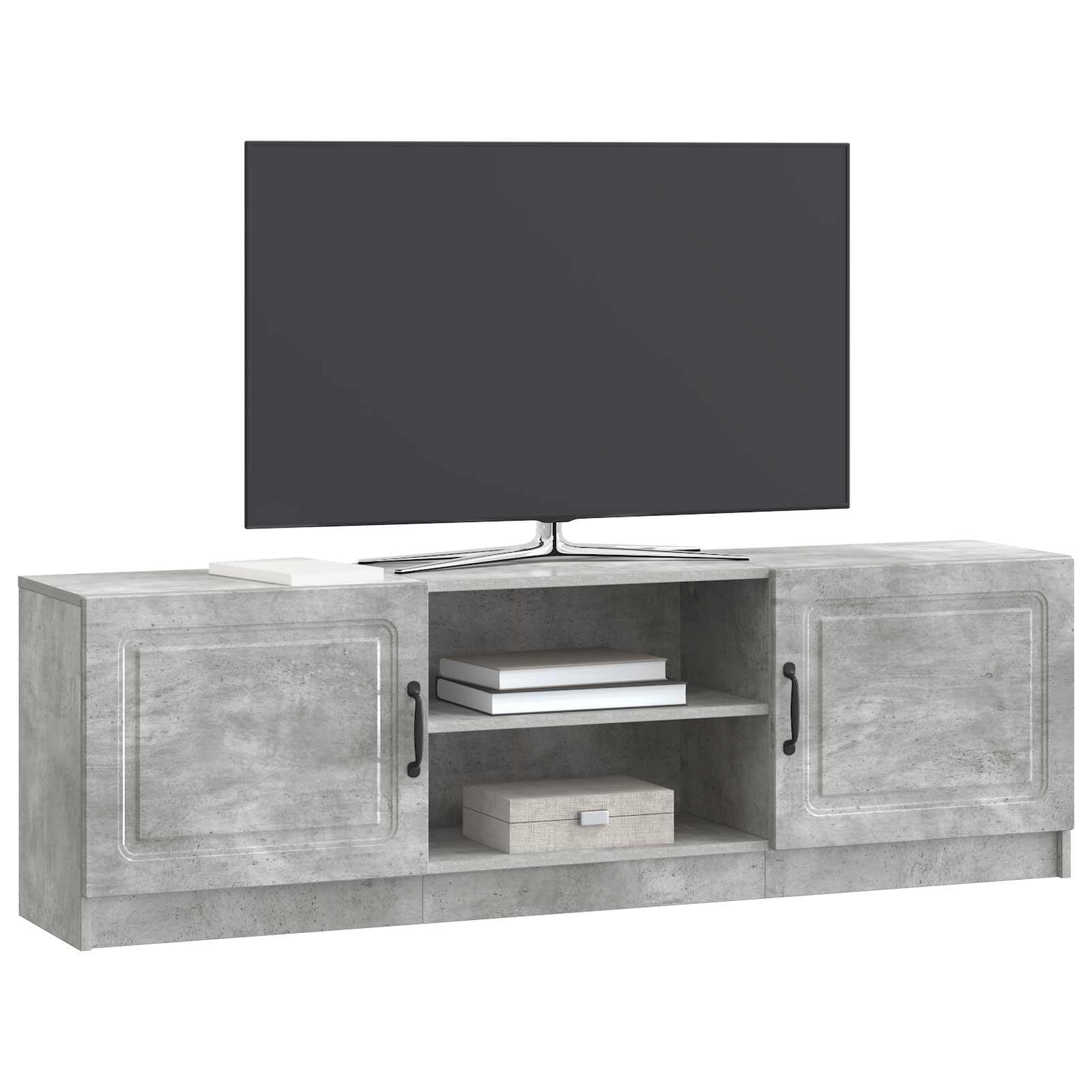 Mobile TV grigio cemento, 150 x 31 x 47 cm, mobile basso in legno, moderno, con ante oscillanti a 90 gradi e scaffale, elegante comò TV per soggiorno