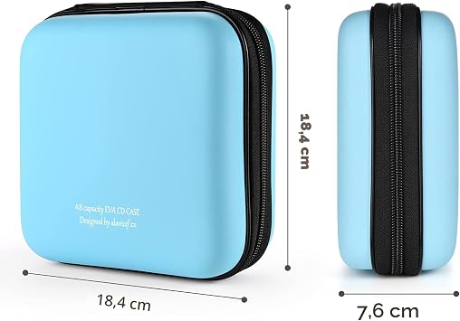 CD Case 48 Capacity Hard EVA Blu-ray CD Wallet Double Zip Hand Strap Portable Disc Organiser DVD Case for Car Trips (48 Capacity Sky Blue 48)