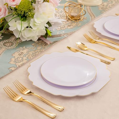 Vista 5 de Supernal La vajilla de plástico dorada de 150 piezas incluye platos cuadrados desechables blancos y dorados, cubiertos de plástico dorado perfectos