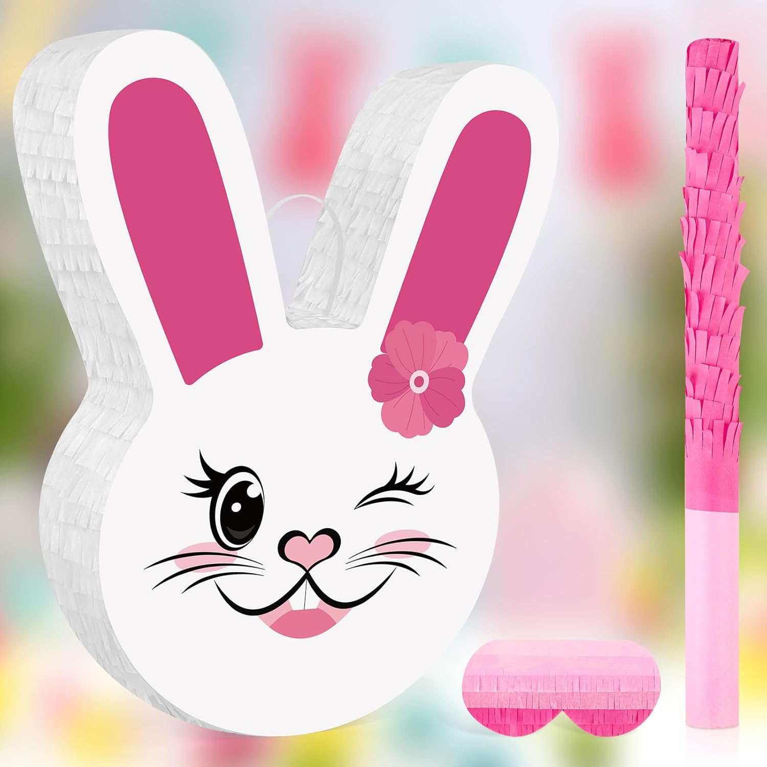 Easter Bunny Pinata - Bunny Decorations with a Blindfold and Bat for Boys Girls Animal Themed Birthday Party Kids Classroom Game Decoration Supplies (15.3 x 12.6 x 3.14 Inches)