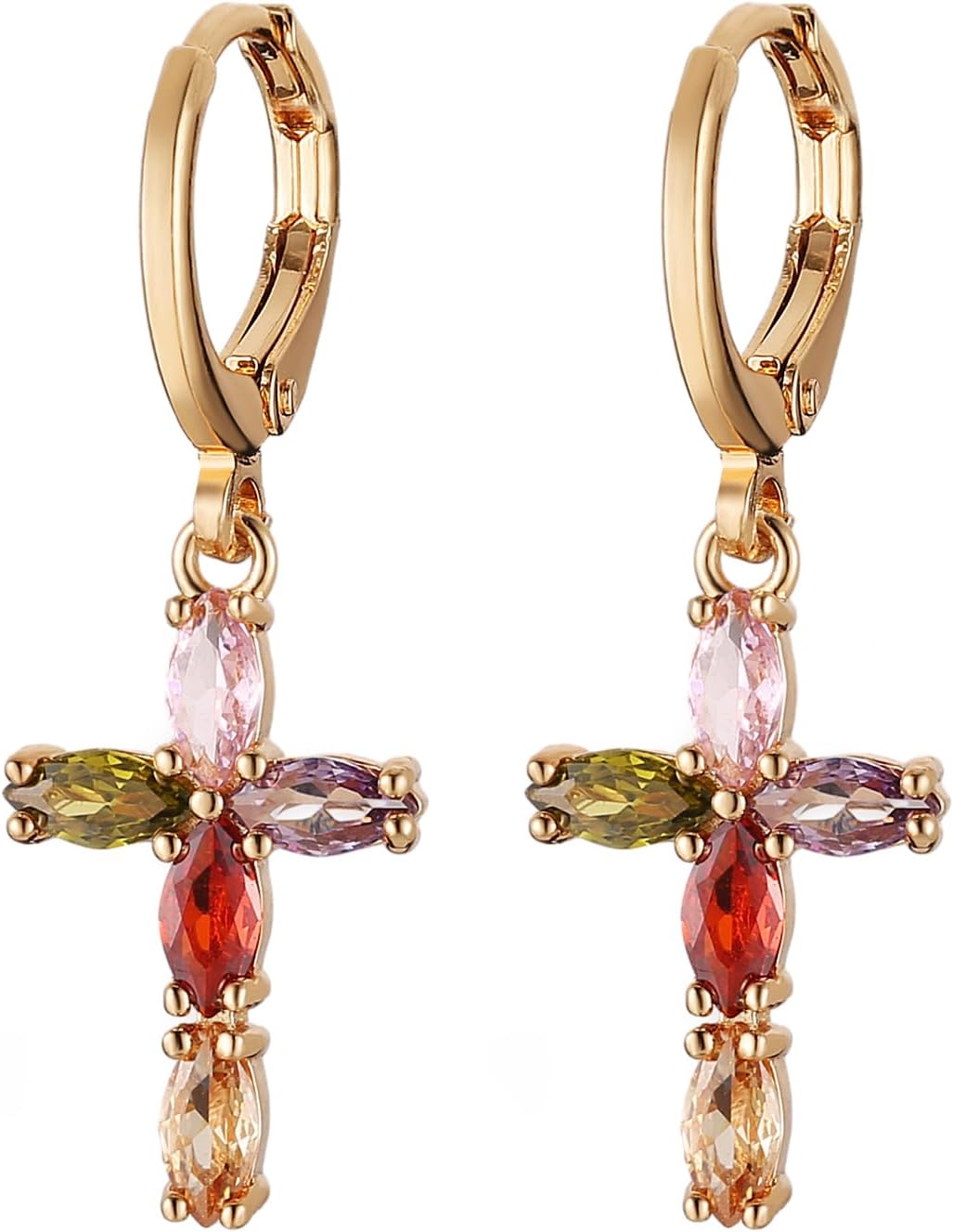 HZMAN Cross Earring for Women 14K Gold Plated Hypoallergenic Dangle Hoop Earrings Dainty Crystal Cubic Zirconia Earrings