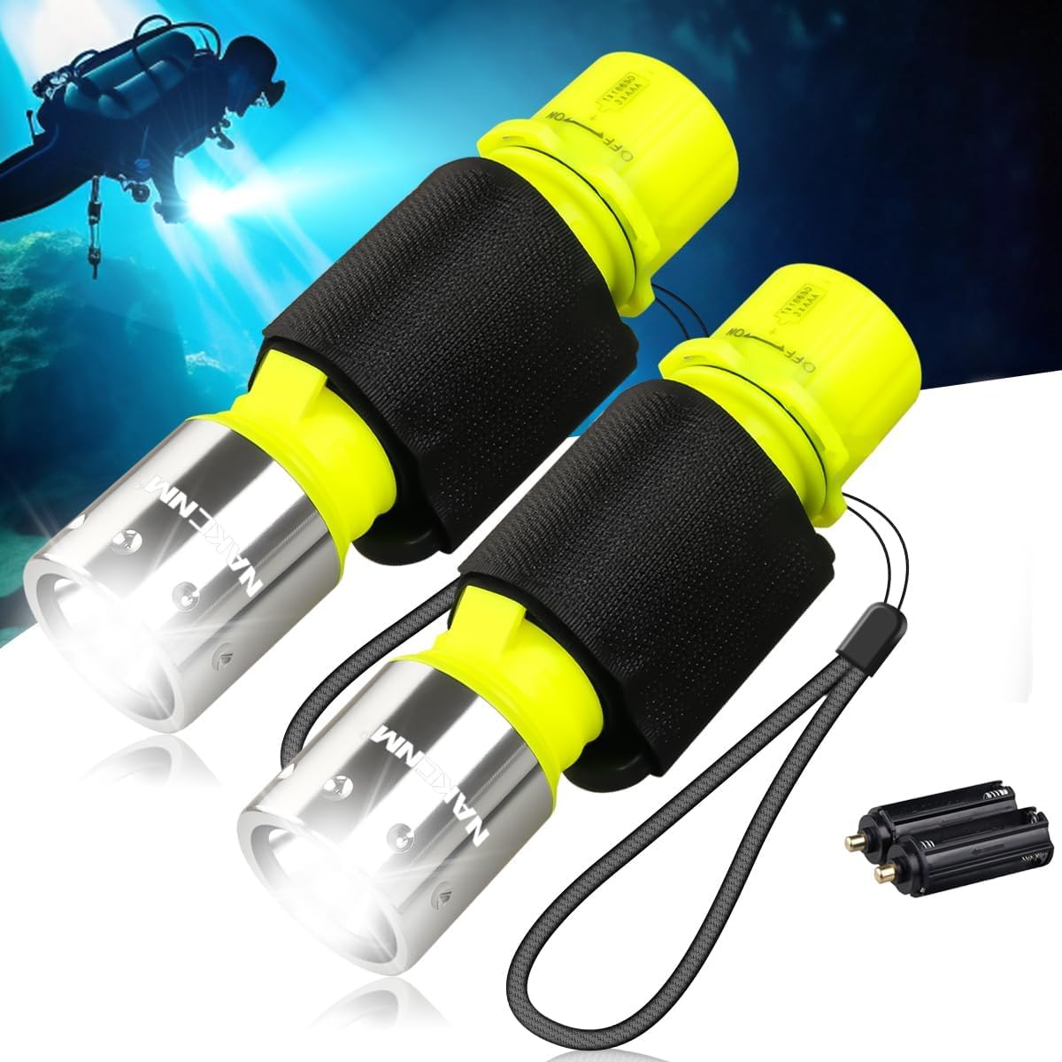 NAKCNM Rechargeable Diving Flashlight Scuba Dive Light Super Bright, Underwater Flashlights IPX8 Waterproof 3 Modes Dive Torch for Outdoor Diving Emergency(2 Pack)
