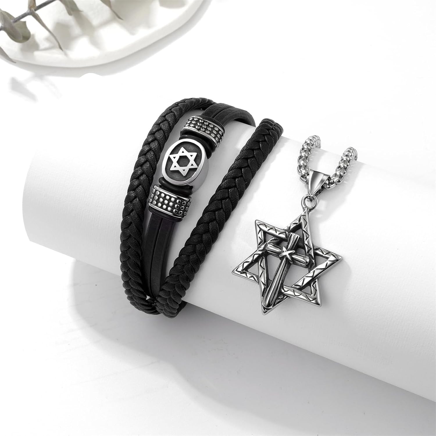 OIDEA Star of David Necklace Bracelet Set: Stainless Steel Cross Hexagon Pendant Necklace Multilayer Braided Leather Bracelet Jewish Isael Jewelry Gifts for Men Women
