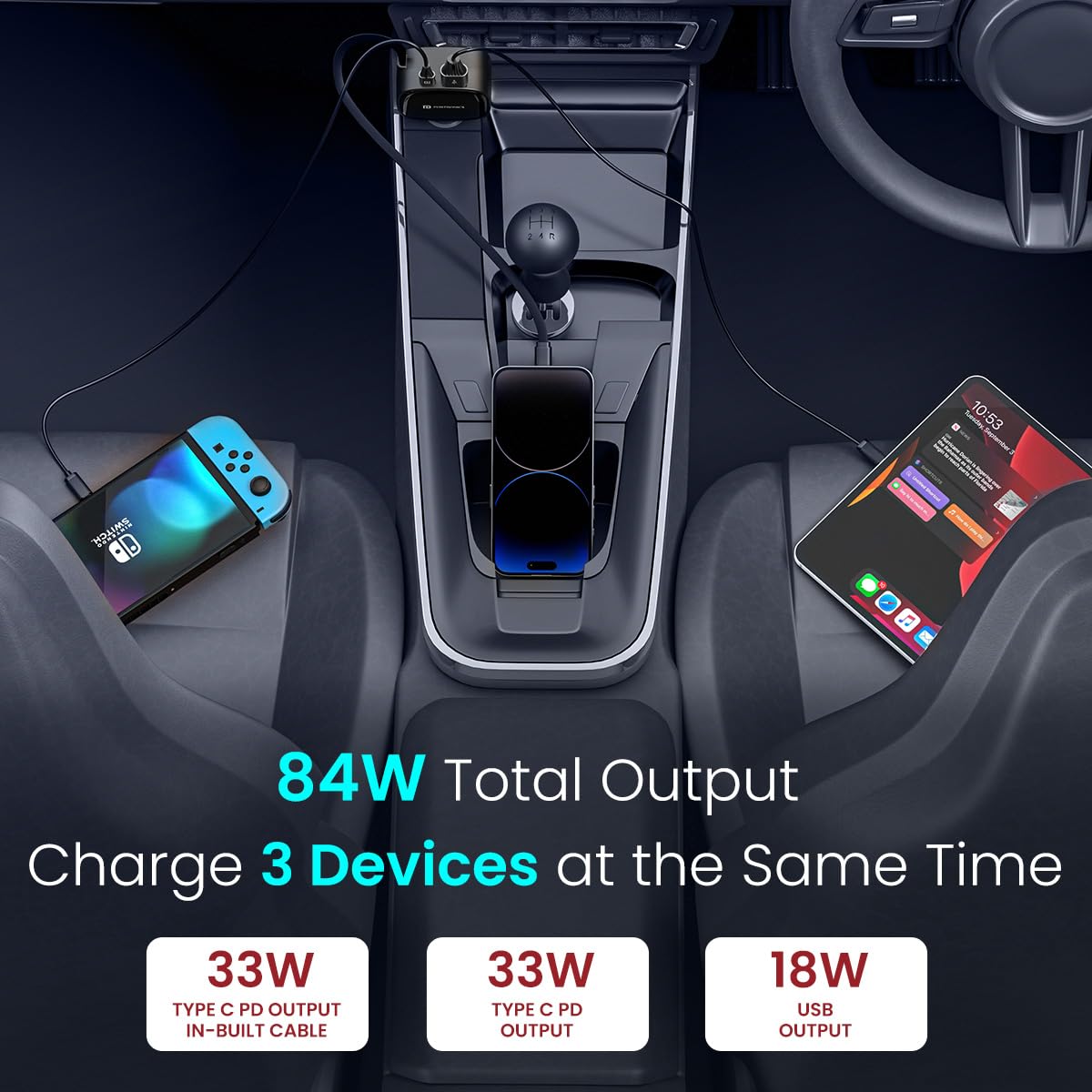 Portronics Car Power Retracto 84W 3 in 1 Car Charger, 80 cm Retractable Cable (33W Type-C PD), Dual Port (18W USB Type-A & 33W Type-C) for Laptop, Android, iPhone, Earbuds and More (Black)