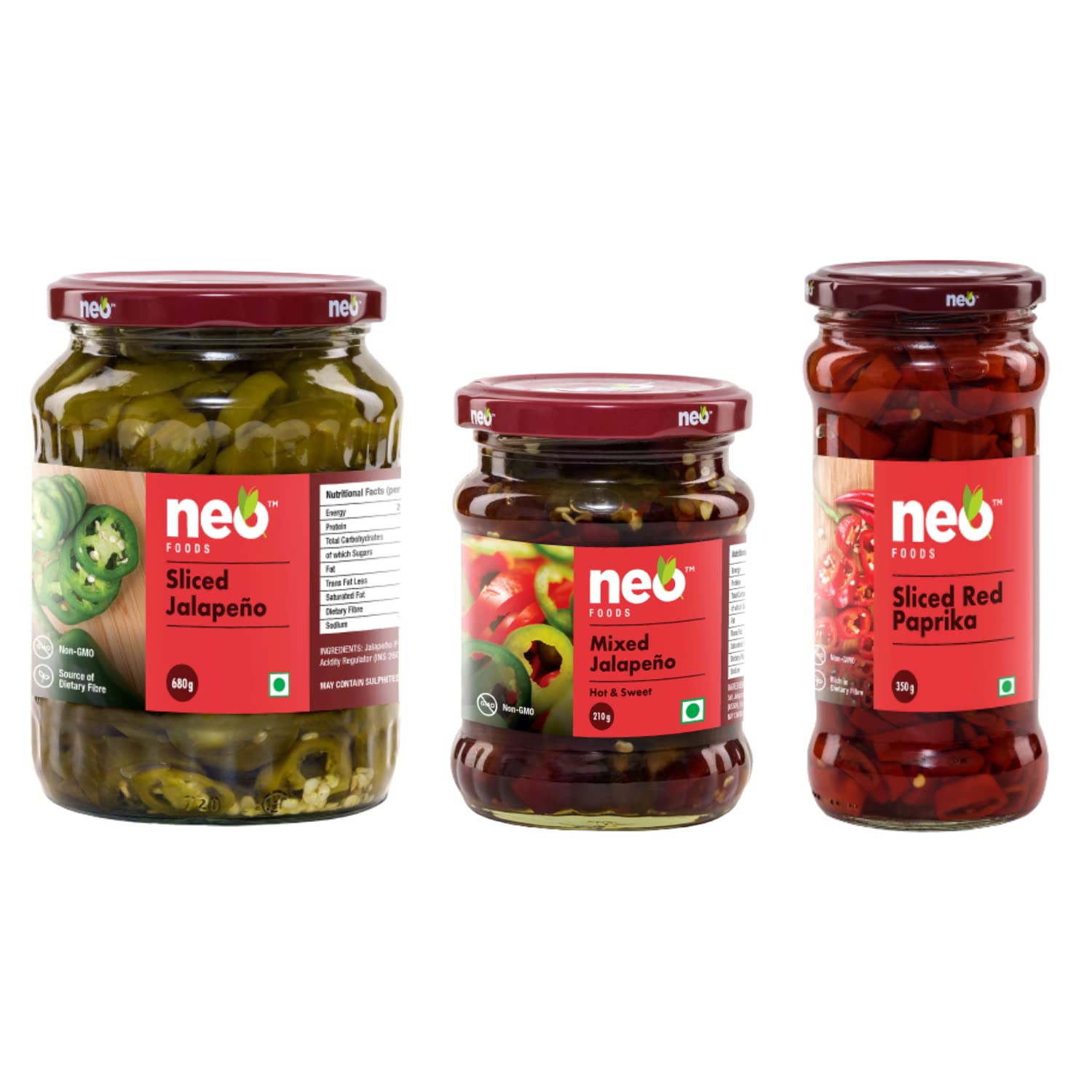 Neo Foods Sliced Jalapenos 680g, Mixed Hot & Sweet Jalapenos 210g & Sliced Red Paprika 350g I Healthy Toppings for Salads and Snacks Mix Combo Pack, Party Pack I 100% Plant Based