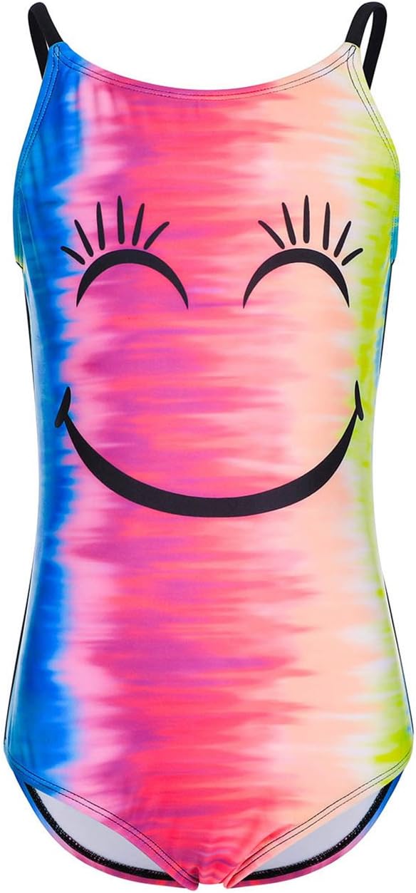 iDrawl Girls Cute Emoji Printed Swimmsuit Colorful Crisscross Back Swimming Costume Bathing Suit for Age 6 to 14
