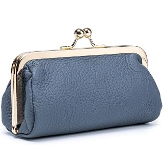 Lipstick Case with Mirror, Genuine Leather Lipstick Holder for Purse - Kiss Lock Cosmetic Bag Portable Mini Makeup Pouch for Women, Small Travel Makeup Organizer (Blue)